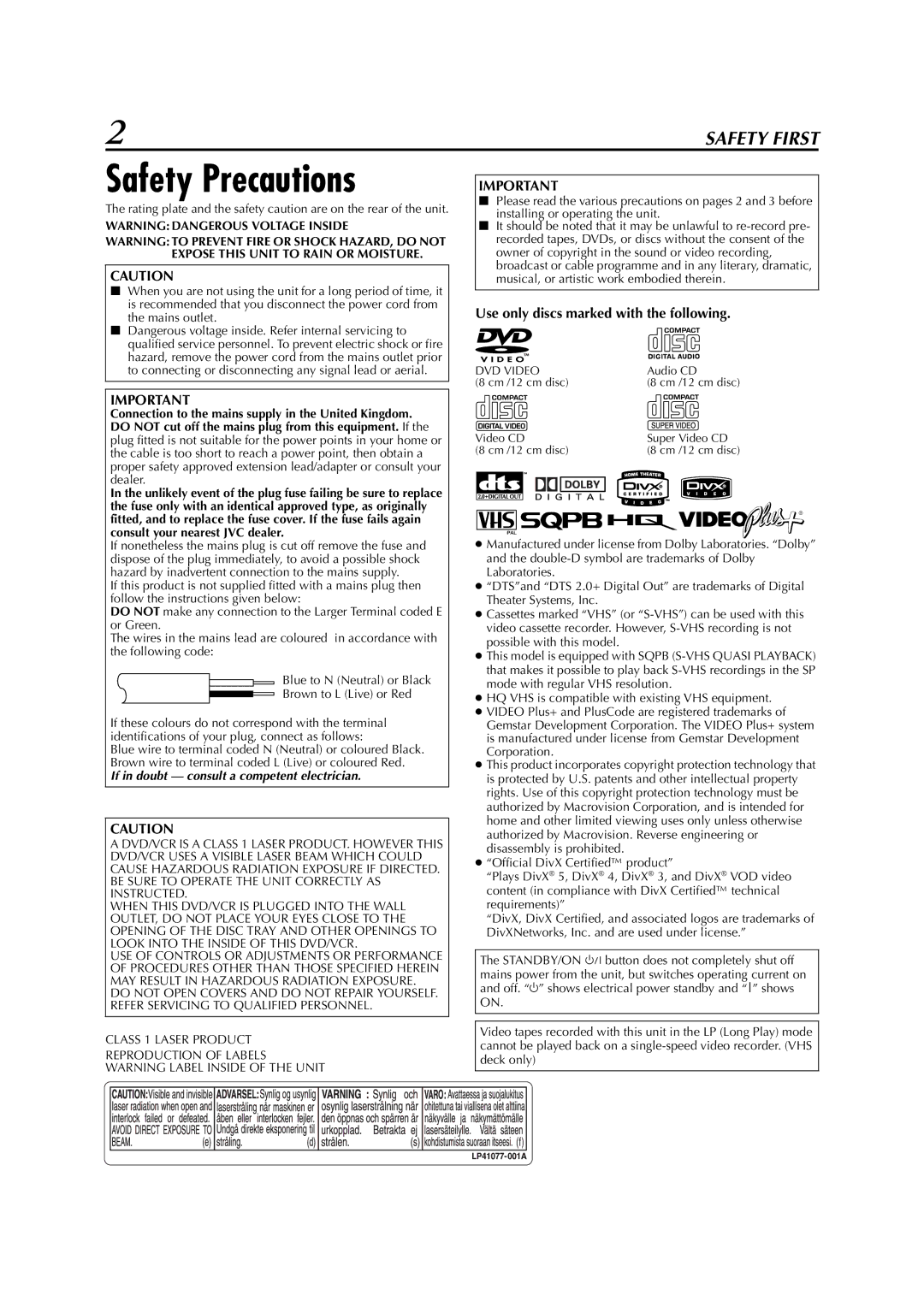 JVC LPT0991-001A manual Safety Precautions, Use only discs marked with the following 