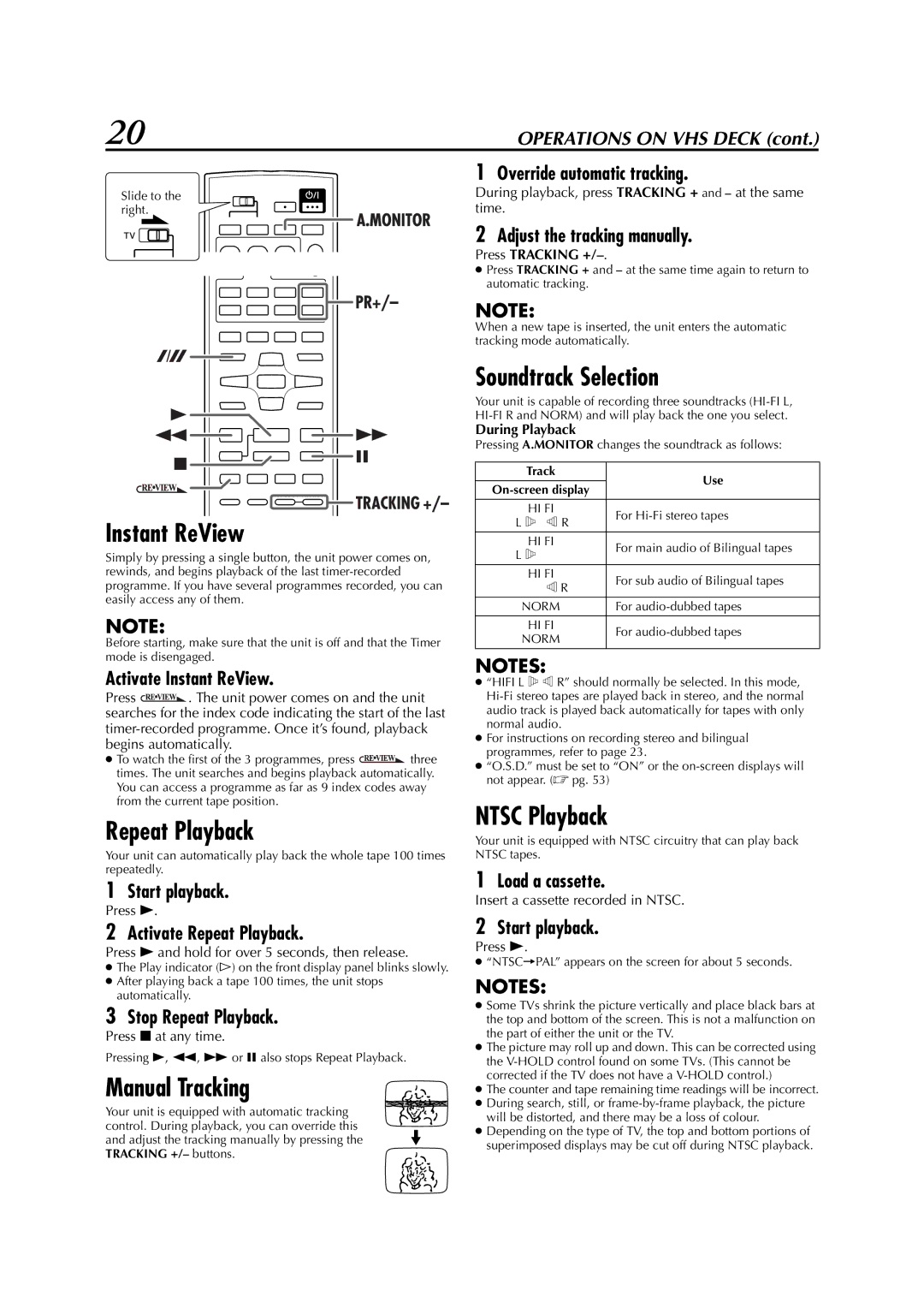 JVC LPT0991-001A manual Instant ReView, Repeat Playback, Manual Tracking, Soundtrack Selection, Ntsc Playback 