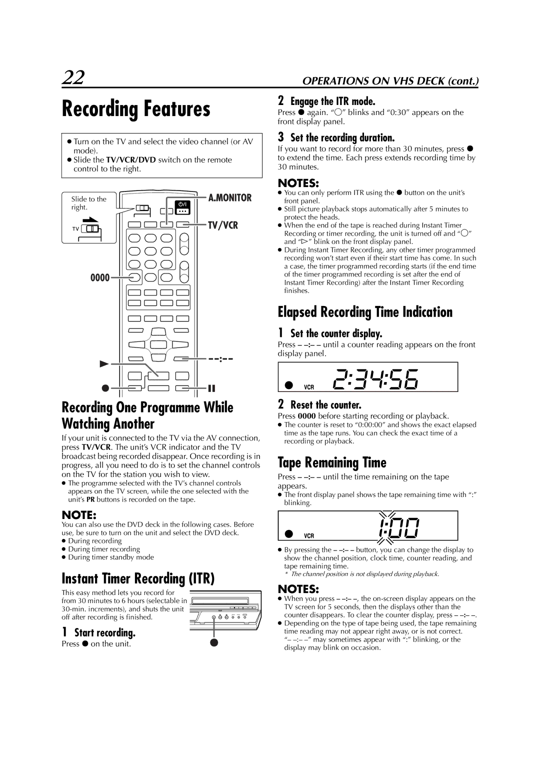 JVC LPT0991-001A manual Recording Features, Instant Timer Recording ITR, Tape Remaining Time 