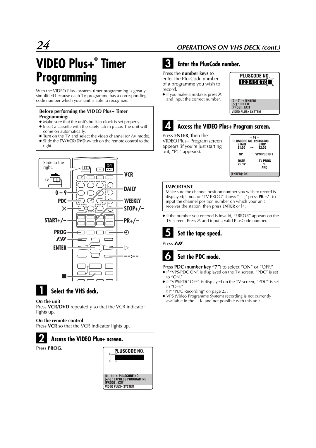 JVC LPT0991-001A manual Access the Video Plus+ screen Enter the PlusCode number, Set the PDC mode 