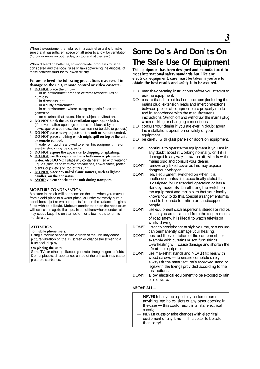 JVC LPT0991-001A manual Do not place the unit, To mobile phone users, On placing the unit 