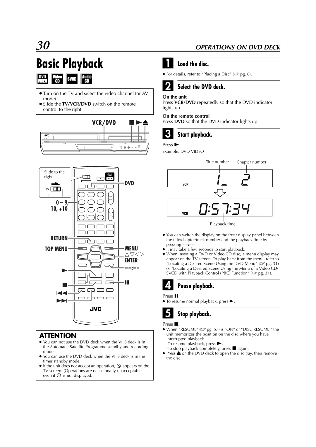 JVC LPT0991-001A Load the disc, Pause playback, For details, refer to Placing a Disc  pg, Example DVD Video Title number 