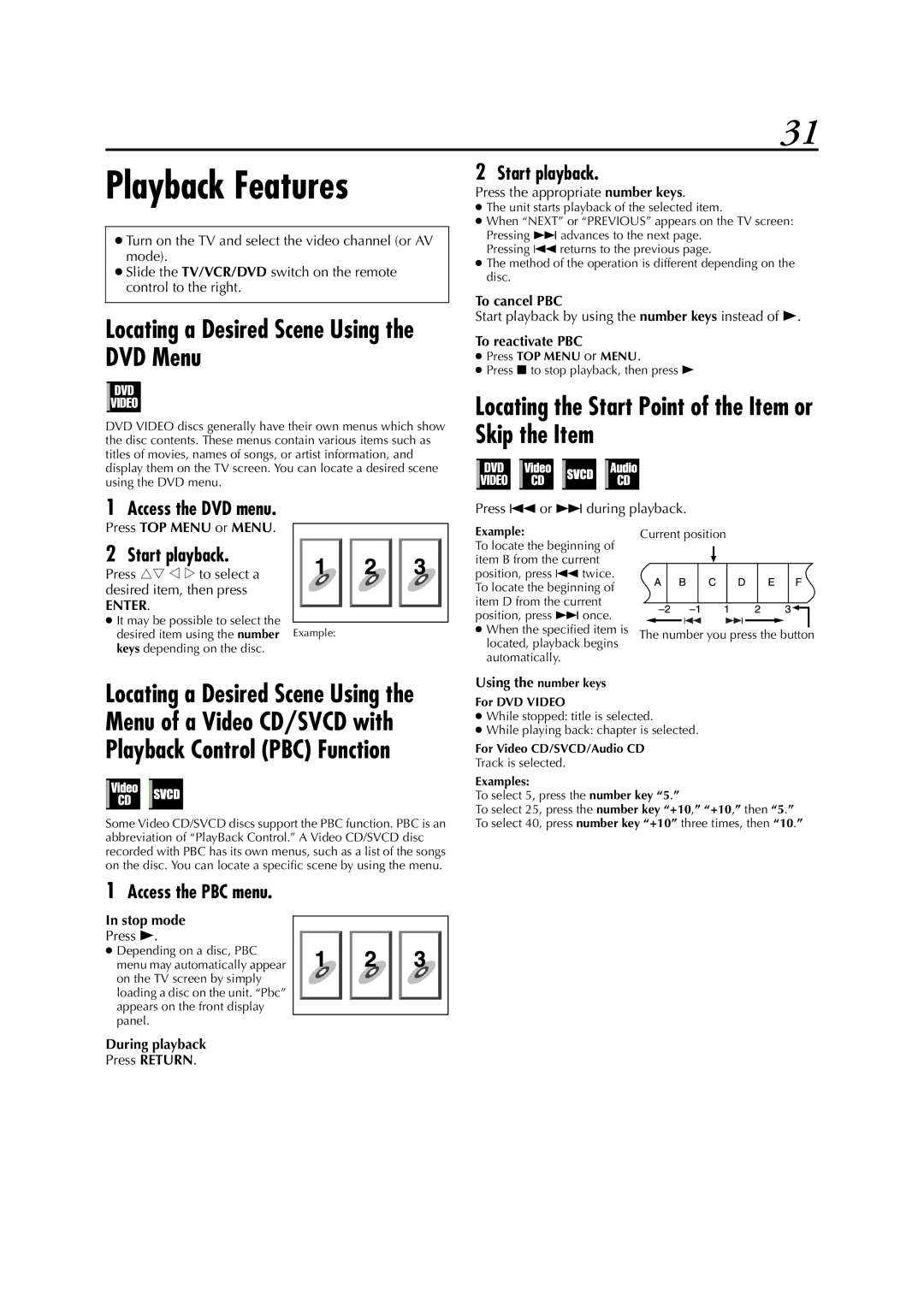 JVC LPT0991-001A manual Locating a Desired Scene Using the DVD Menu, Locating the Start Point of the Item or Skip the Item 