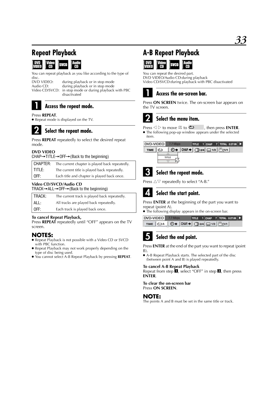 JVC LPT0991-001A manual Repeat Playback, Access the repeat mode, Select the repeat mode, Access the on-screen bar 