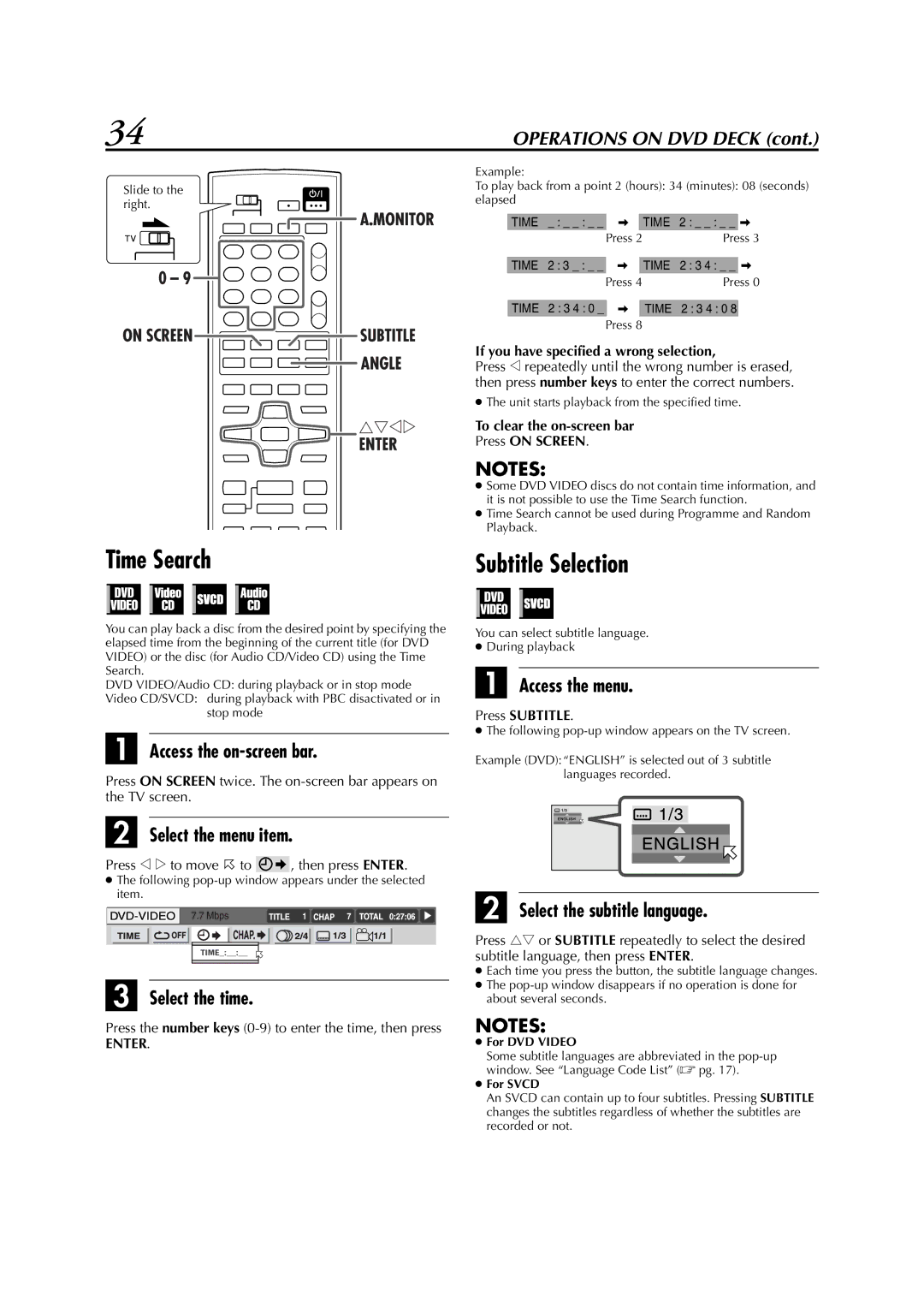 JVC LPT0991-001A manual Time Search, Subtitle Selection, Access the menu, Select the subtitle language 