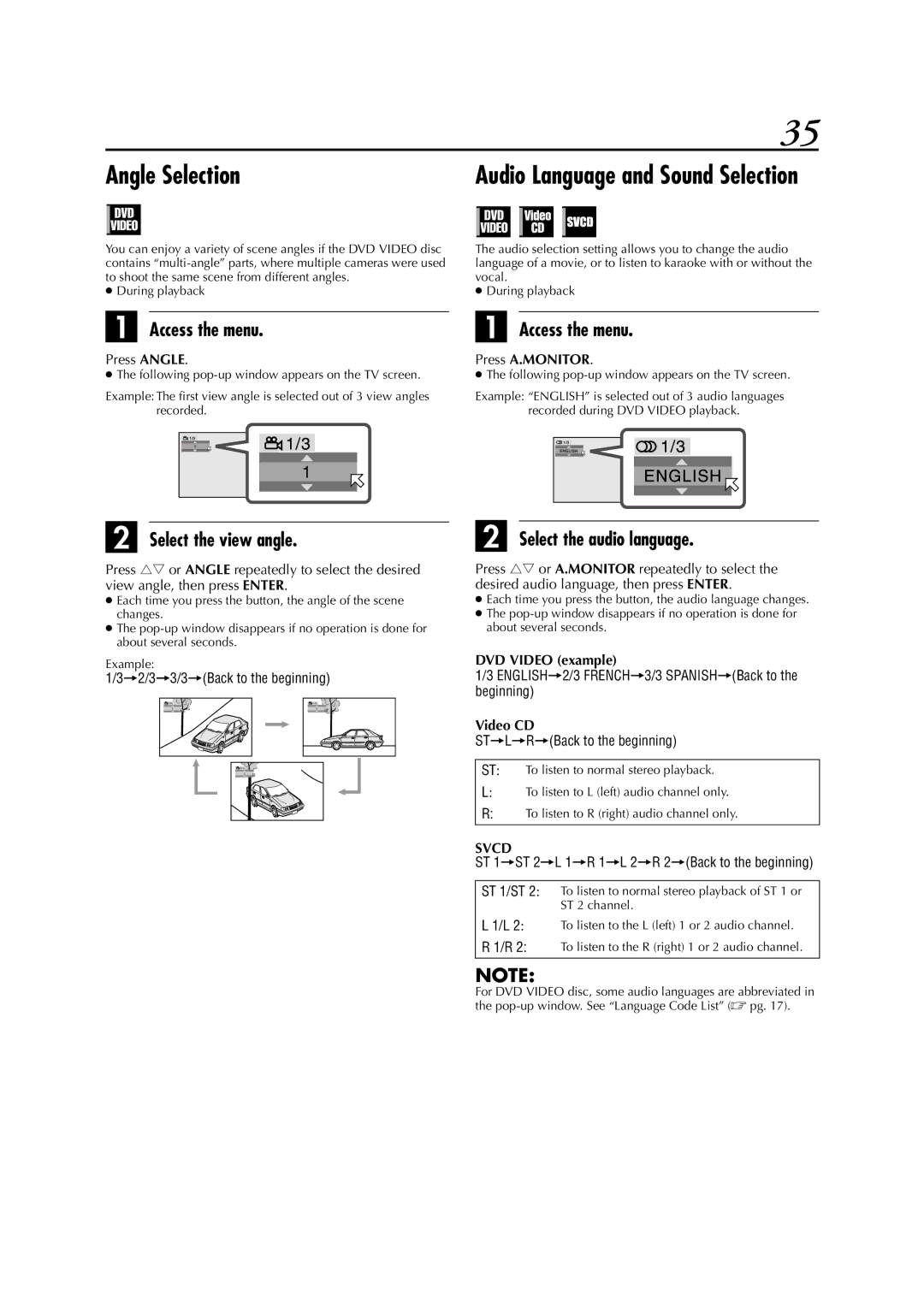 JVC LPT0991-001A manual Angle Selection, Select the view angle, Select the audio language 