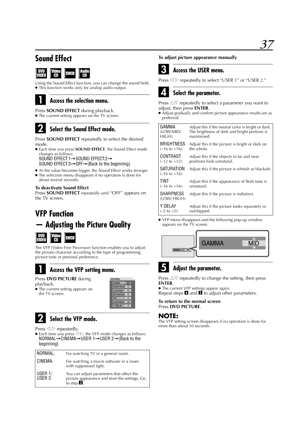 JVC LPT0991-001A manual Sound Effect, VFP Function Adjusting the Picture Quality 