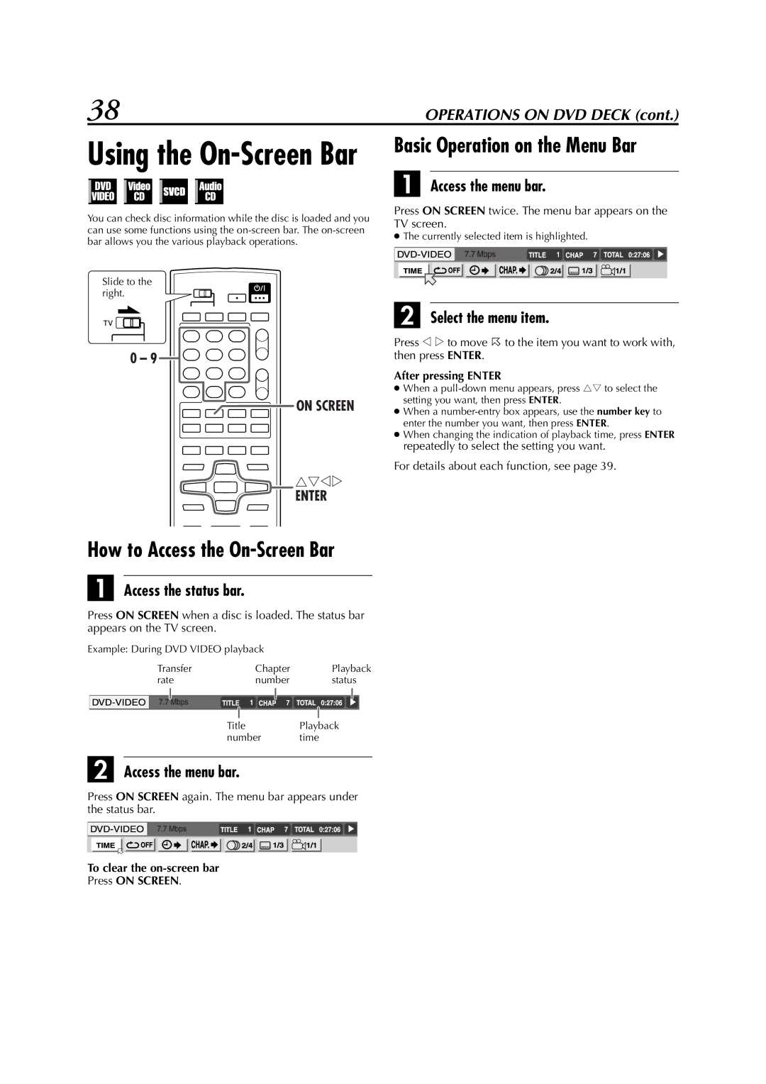 JVC LPT0991-001A manual Basic Operation on the Menu Bar, How to Access the On-Screen Bar, Access the menu bar 