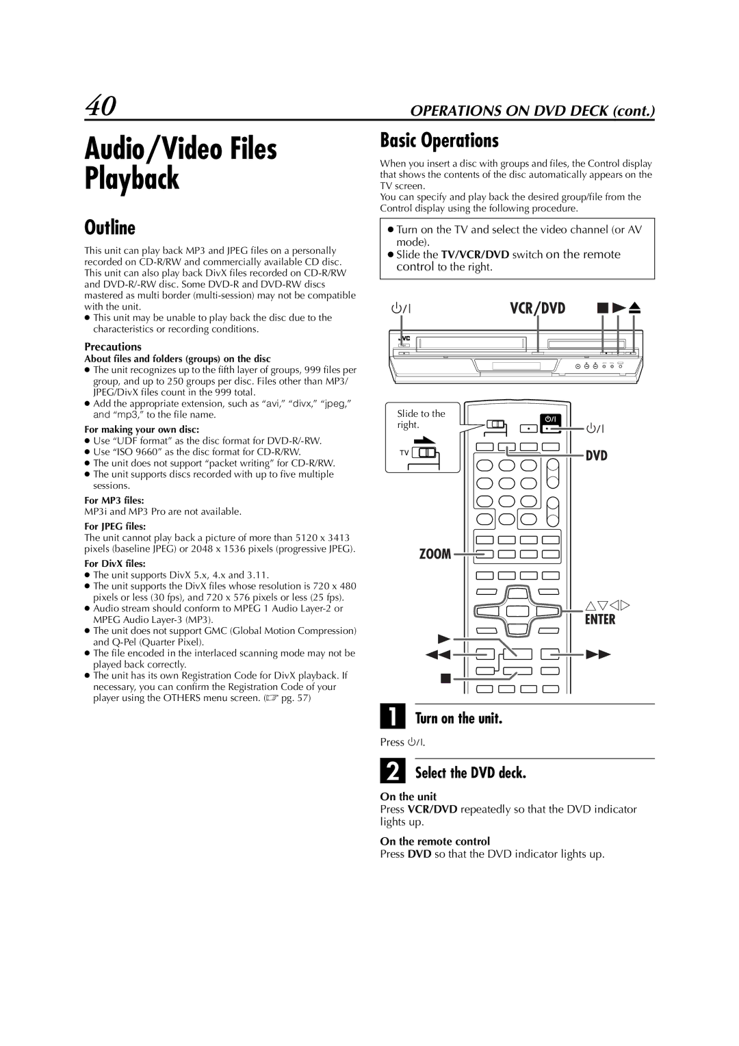 JVC LPT0991-001A manual Audio/Video Files Playback, Outline, Basic Operations, Precautions 