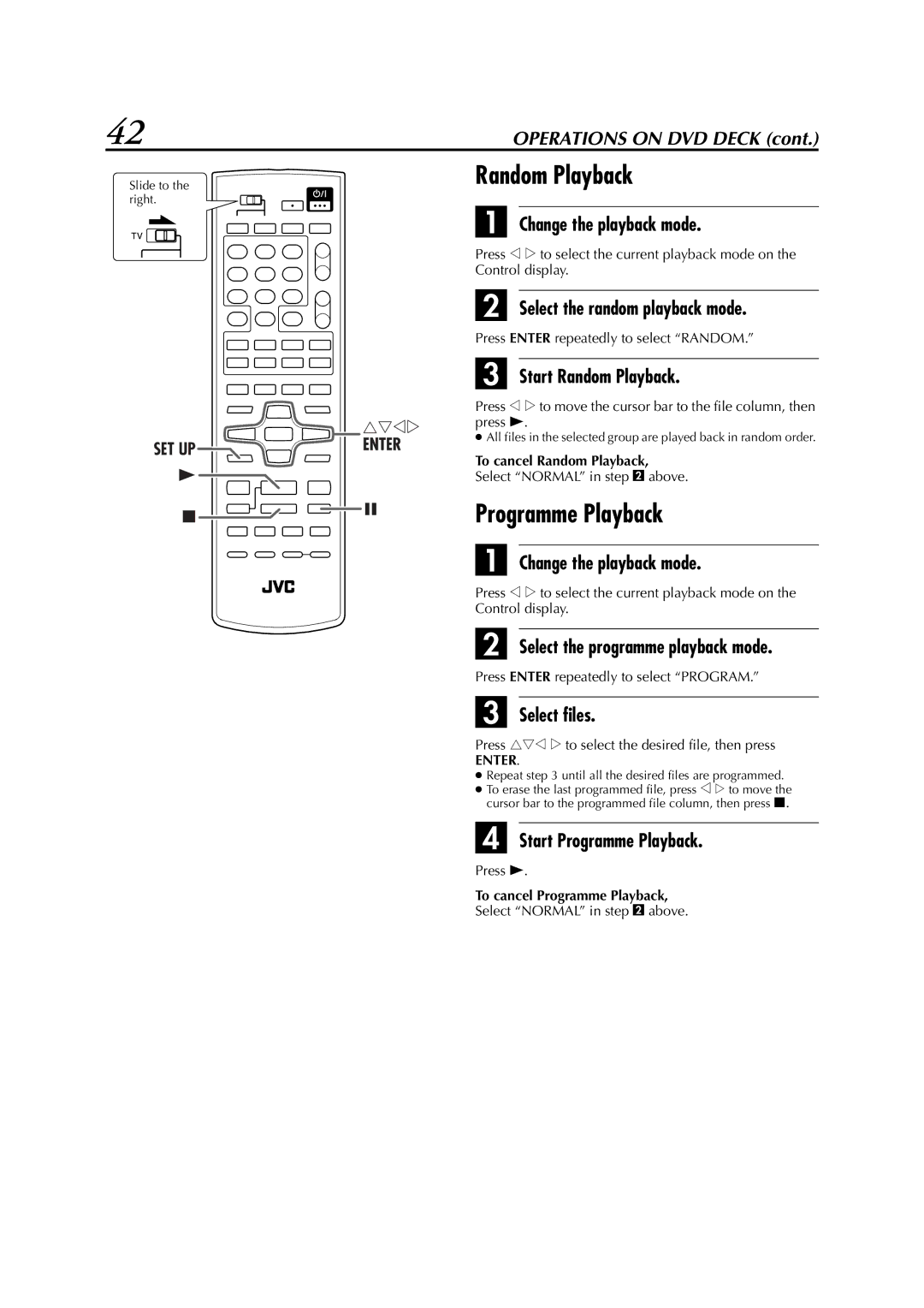 JVC LPT0991-001A Select the random playback mode, Start Random Playback, Select the programme playback mode, Select files 