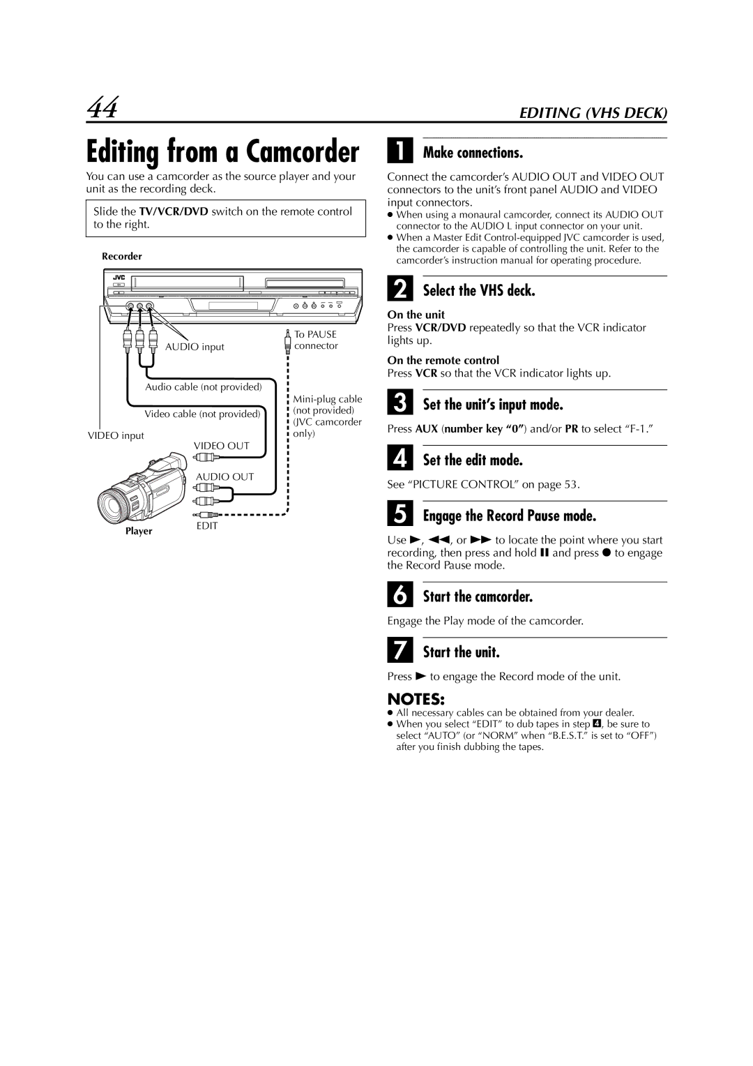 JVC LPT0991-001A manual Make connections, Set the unit’s input mode, Set the edit mode, Engage the Record Pause mode 