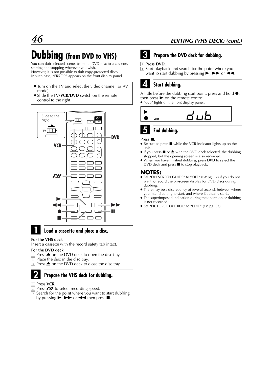 JVC LPT0991-001A Load a cassette and place a disc, Prepare the VHS deck for dubbing, Prepare the DVD deck for dubbing 