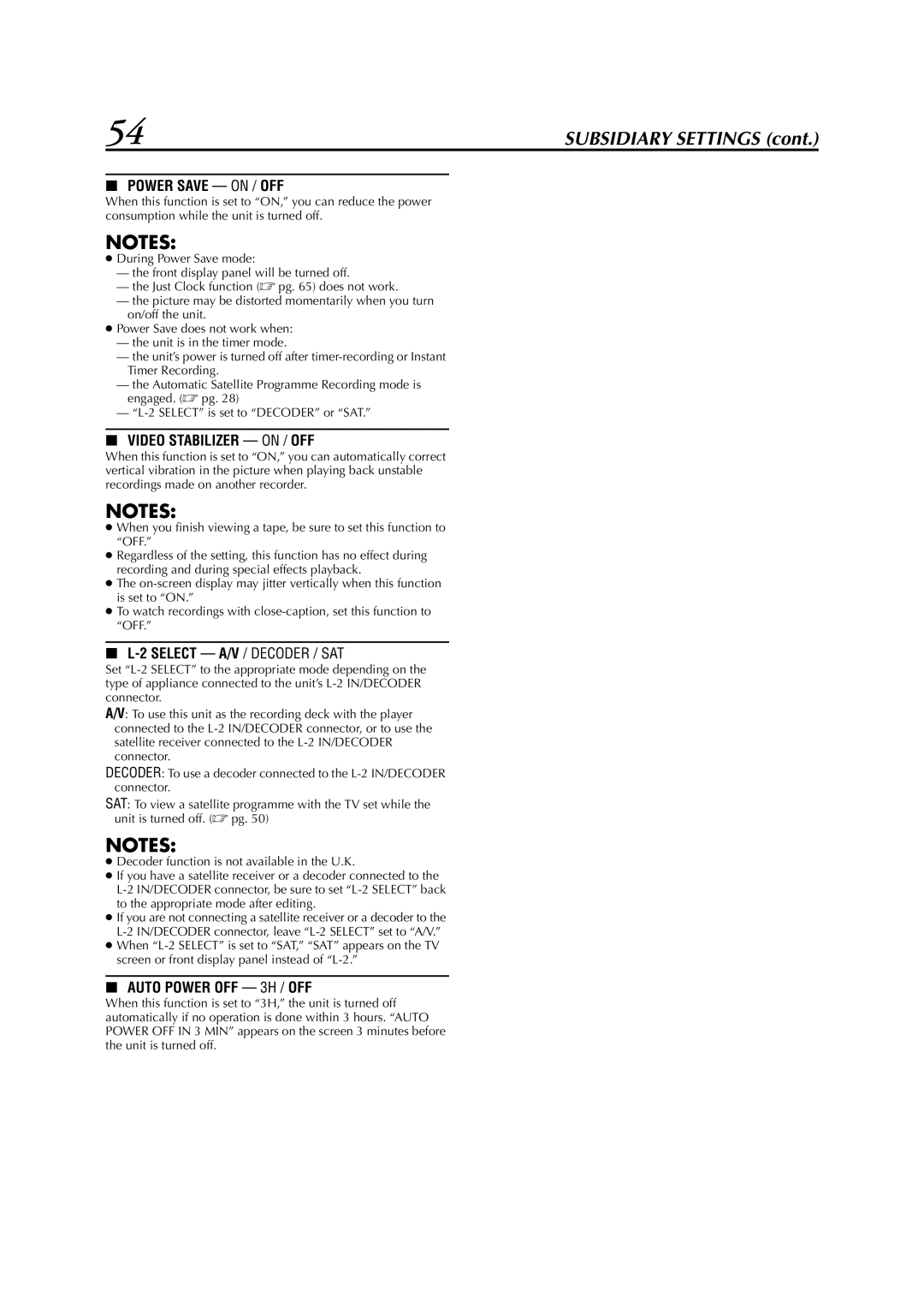 JVC LPT0991-001A manual Subsidiary Settings 