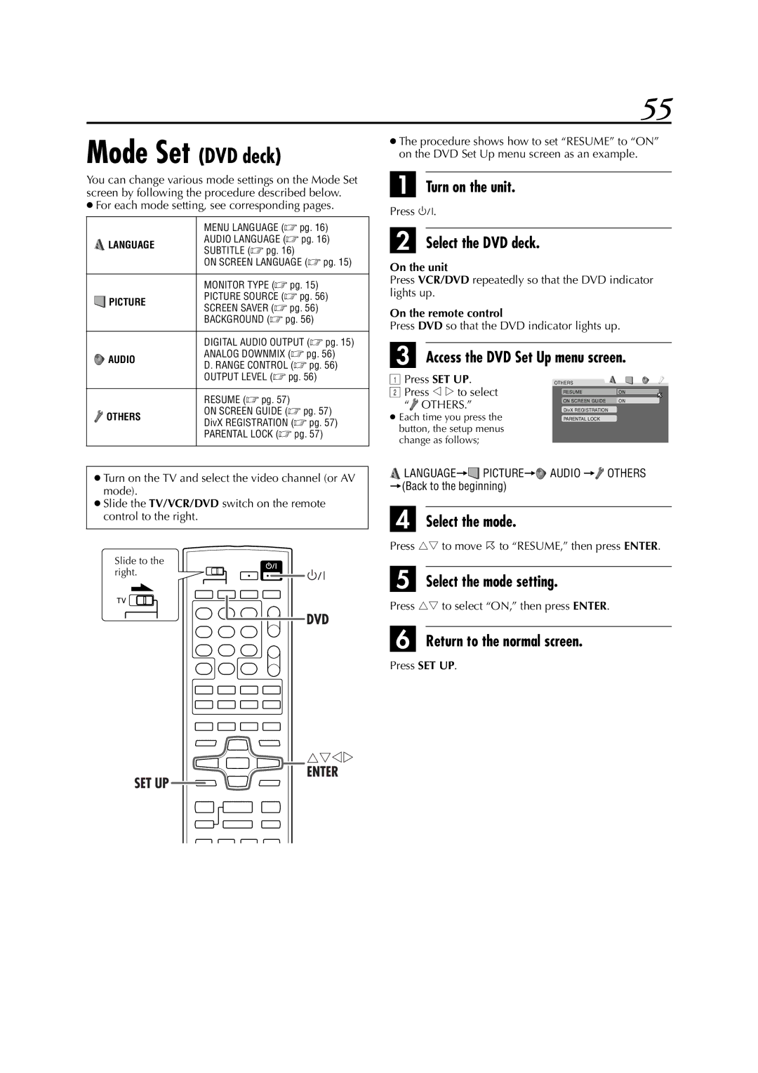 JVC LPT0991-001A manual Mode Set DVD deck, For each mode setting, see corresponding pages, Press SET UP Press w e to select 