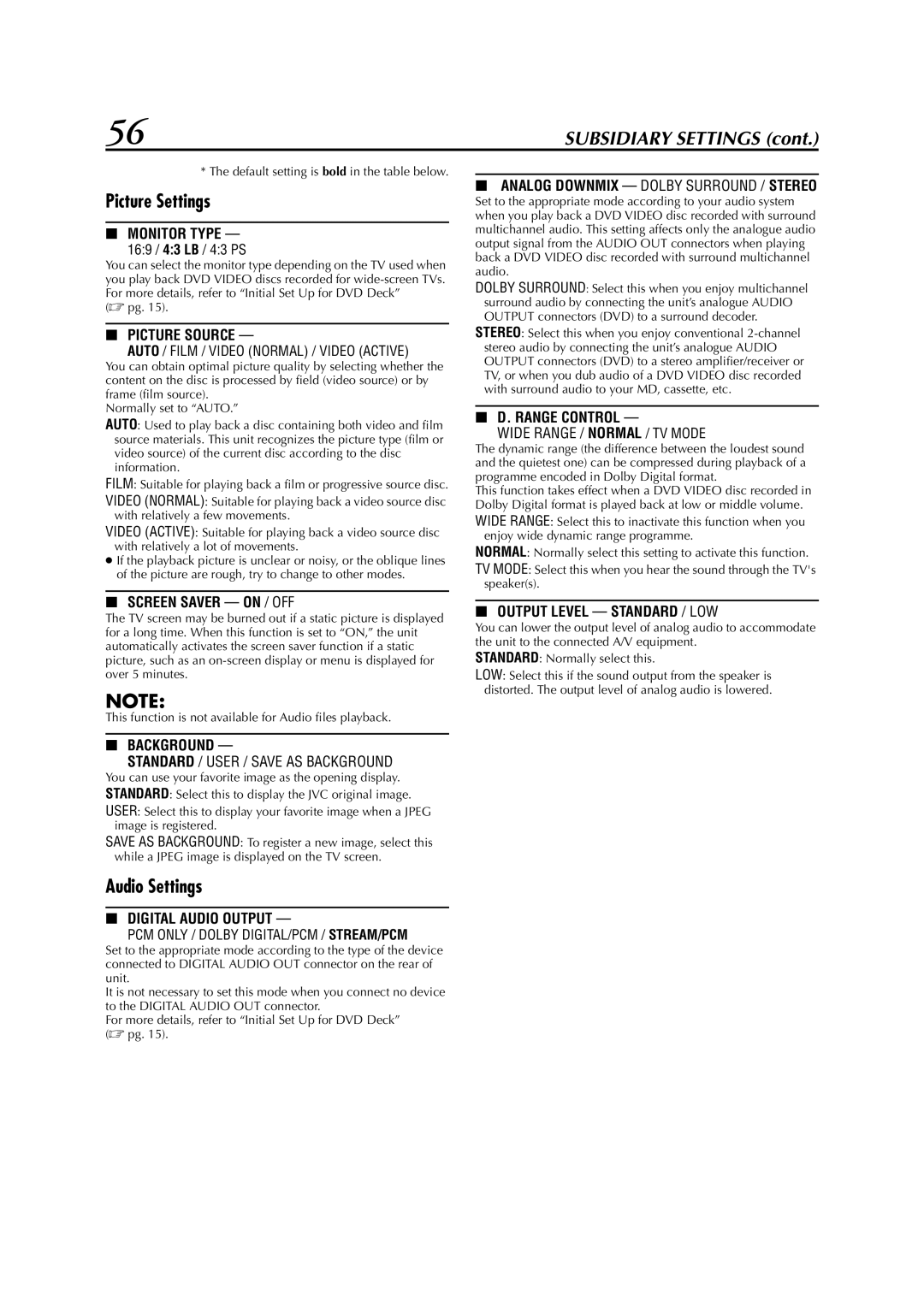 JVC LPT0991-001A manual Picture Settings, Audio Settings,  pg 