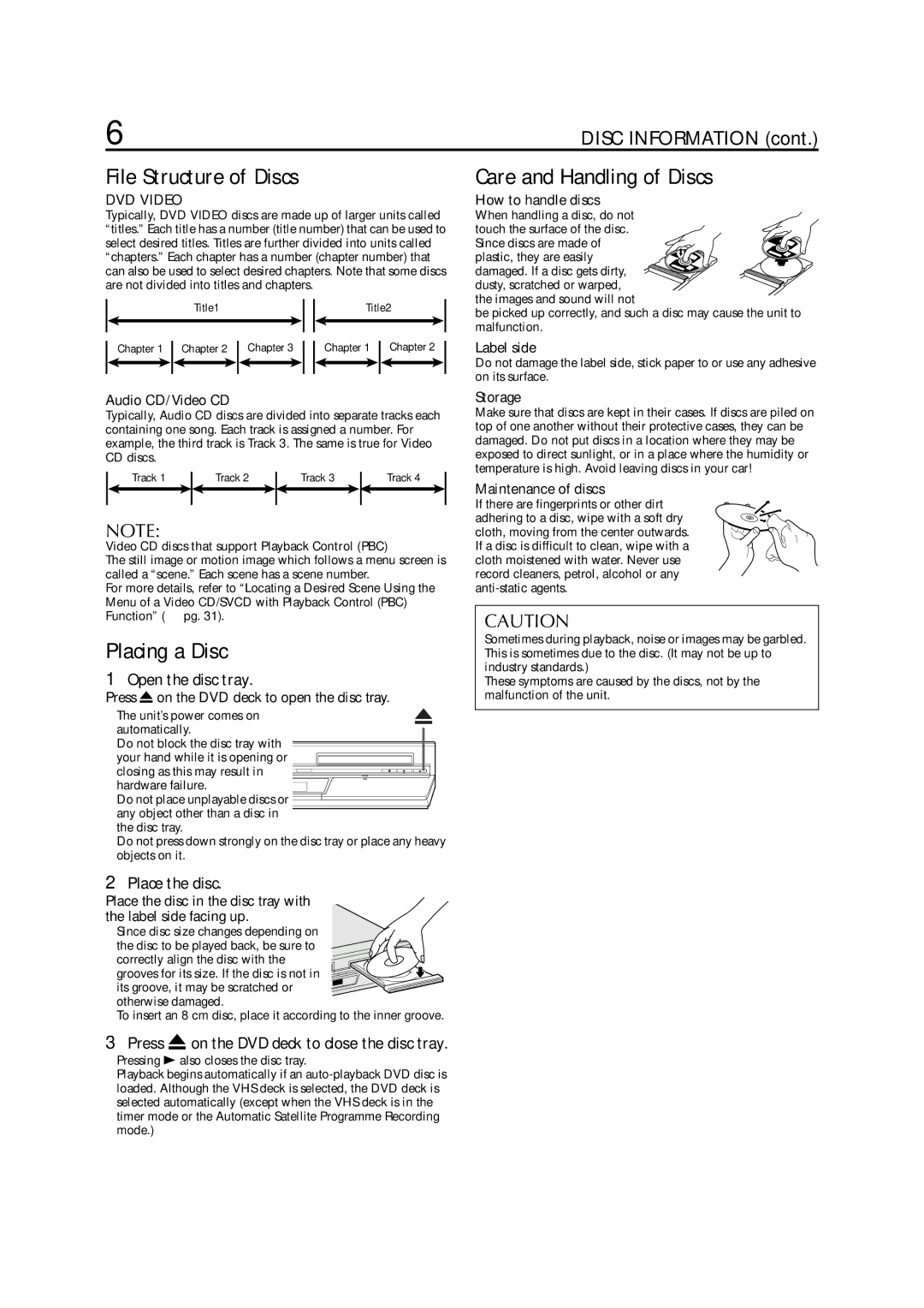 JVC LPT0991-001A File Structure of Discs, Placing a Disc, Care and Handling of Discs, Open the disc tray, Place the disc 