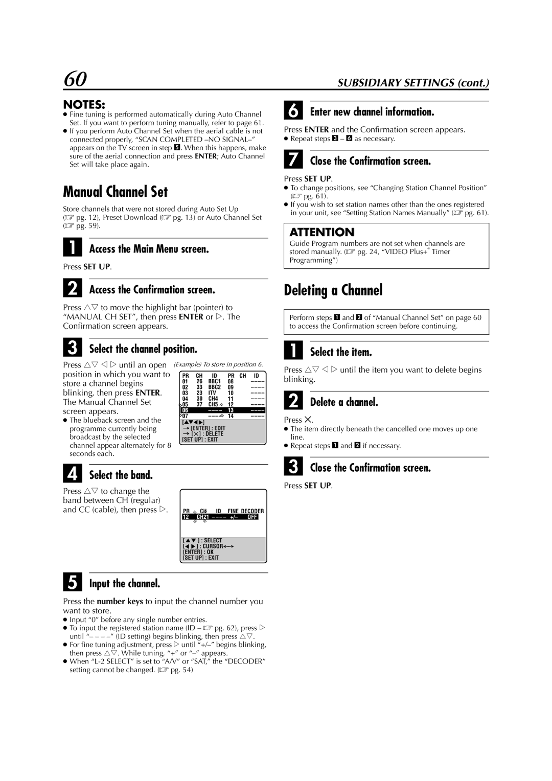 JVC LPT0991-001A manual Manual Channel Set, Deleting a Channel 