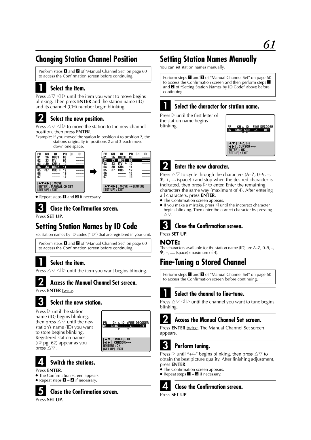 JVC LPT0991-001A manual Setting Station Names Manually 