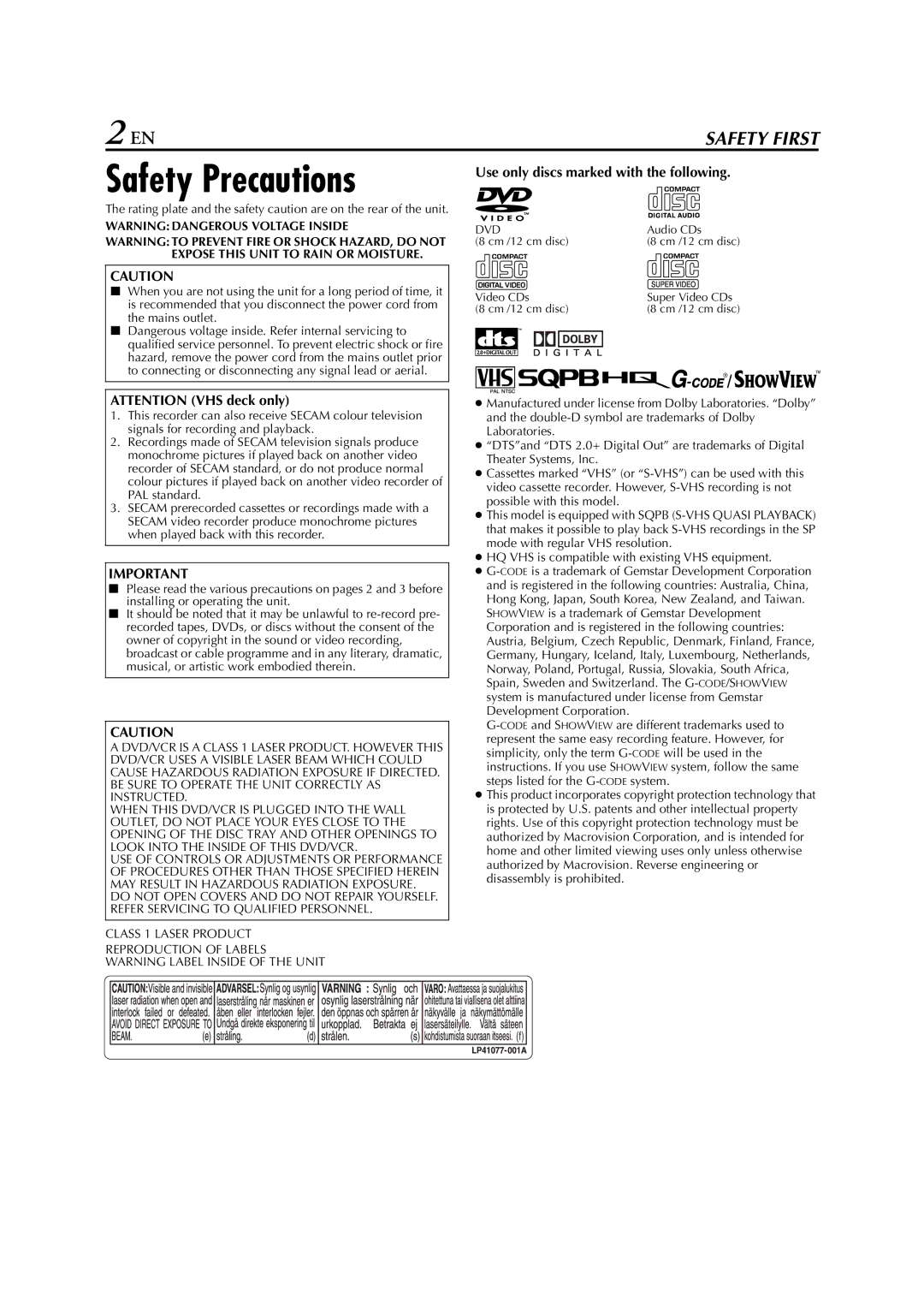 JVC LPT1016-001A, 0105KTH-MW-BJ manual Safety Precautions, Use only discs marked with the following 