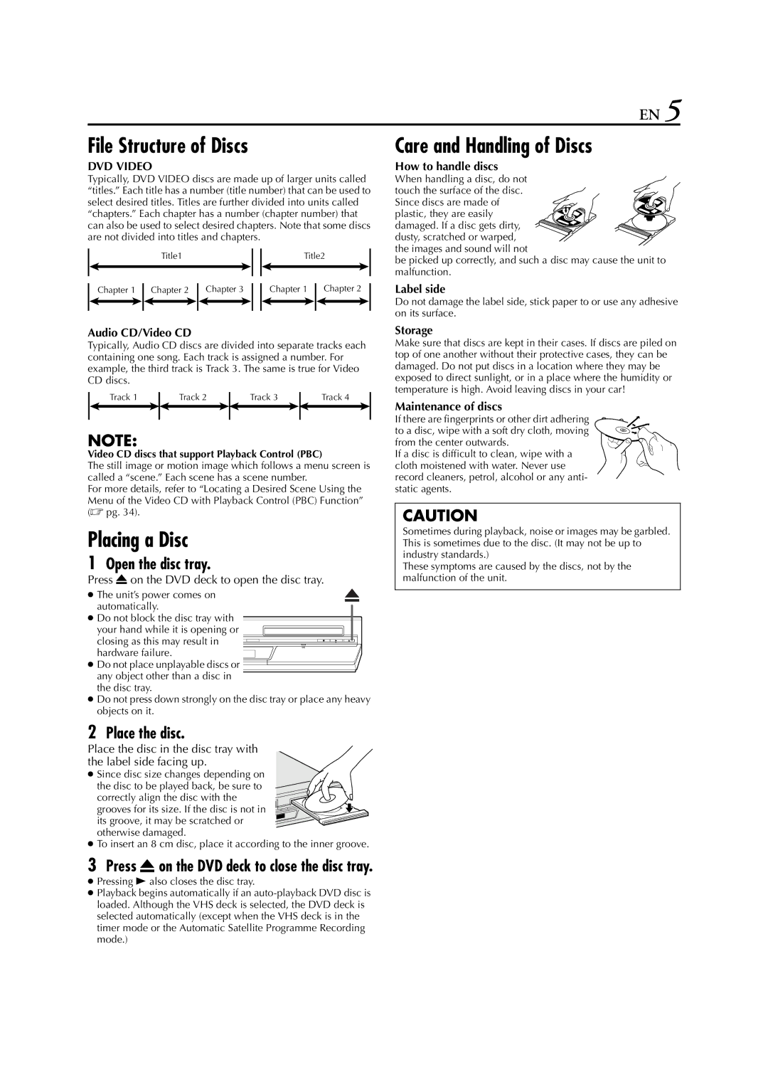 JVC 0105KTH-MW-BJ File Structure of Discs, Placing a Disc, Care and Handling of Discs, Open the disc tray, Place the disc 