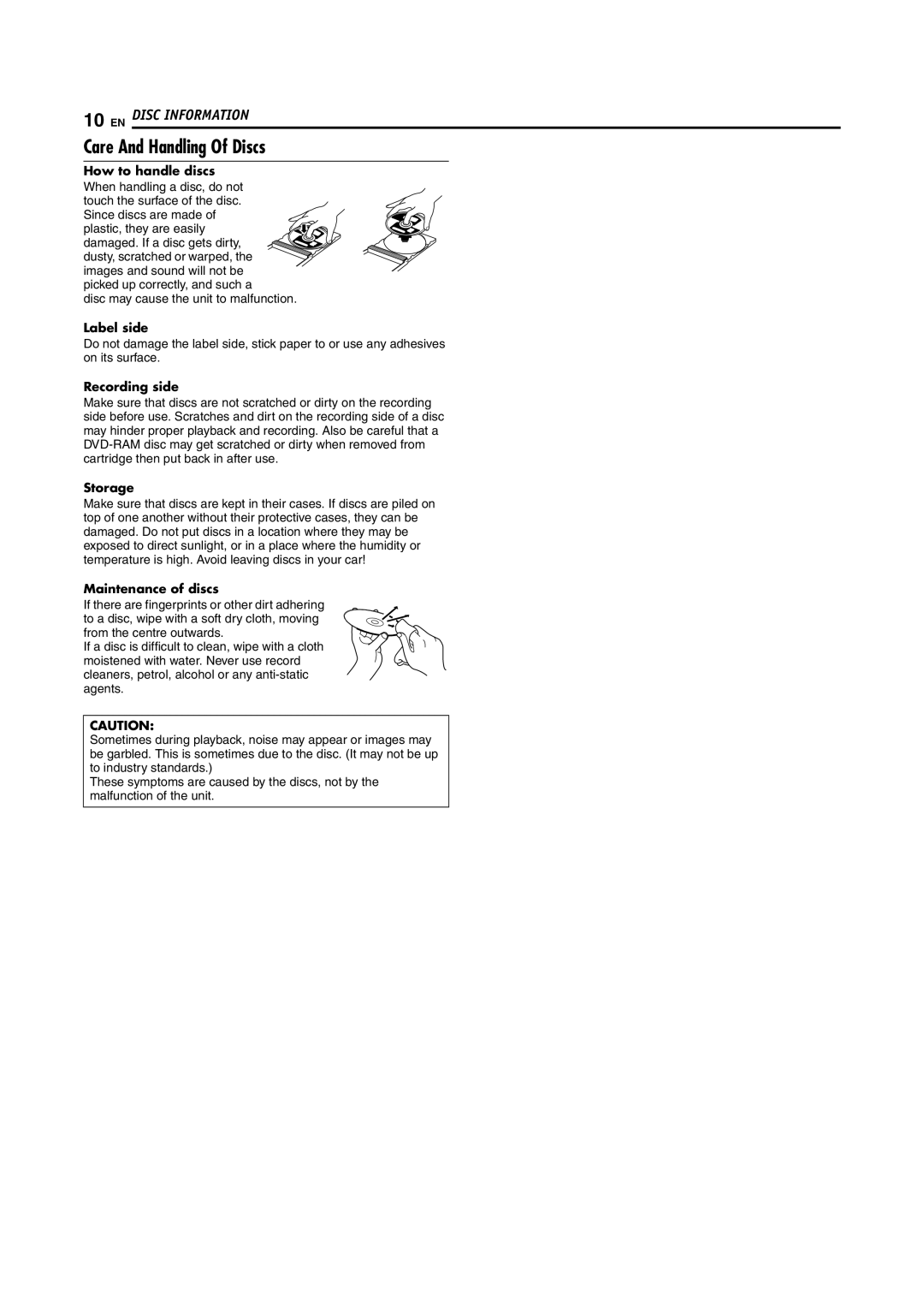 JVC LPT1029-001A manual Care And Handling Of Discs, Label side, Recording side, Storage, Maintenance of discs 