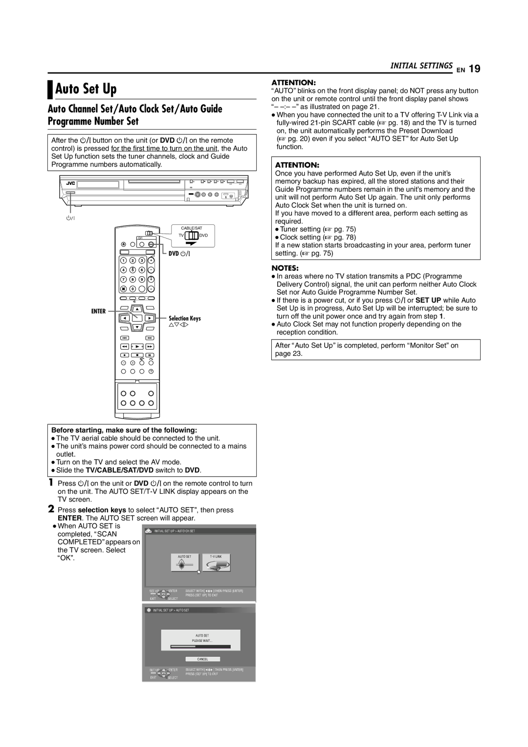 JVC LPT1029-001A manual Auto Set Up, Programme Number Set, Before starting, make sure of the following 