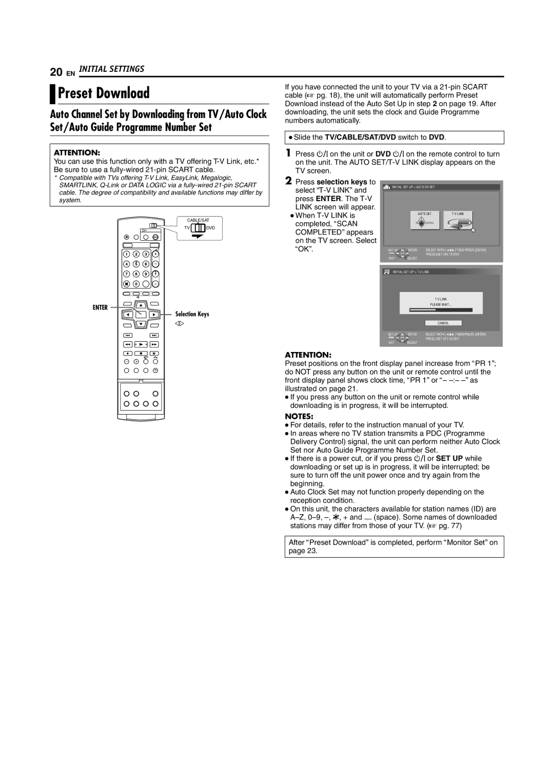 JVC LPT1029-001A Preset Download, Set/Auto Guide Programme Number Set, Auto Channel Set by Downloading from TV/Auto Clock 