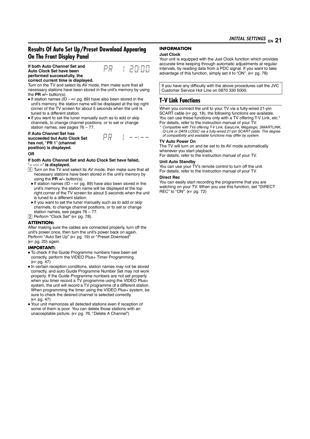 JVC LPT1029-001A manual On The Front Display Panel, Link Functions, Results Of Auto Set Up/Preset Download Appearing 