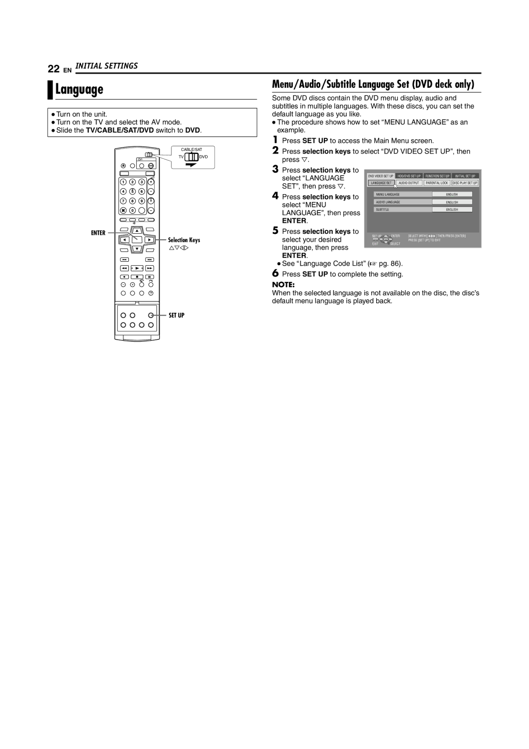 JVC LPT1029-001A manual Menu/Audio/Subtitle Language Set DVD deck only, Enter, Press selection keys to 