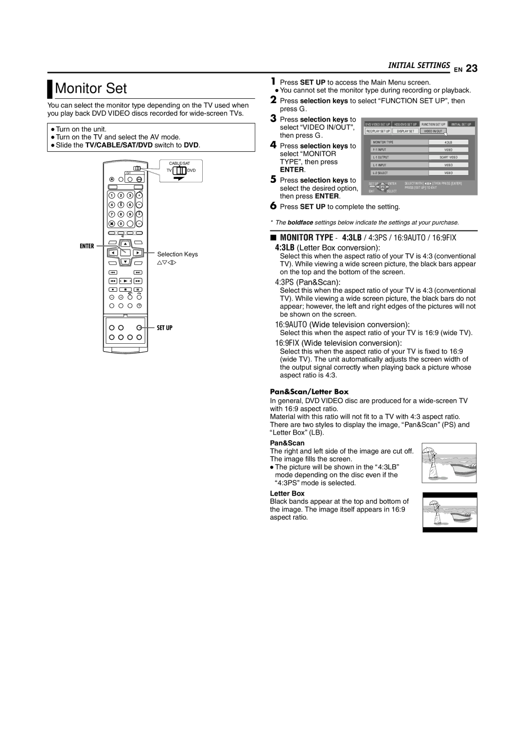 JVC LPT1029-001A manual Monitor Set, Pan&Scan/Letter Box 