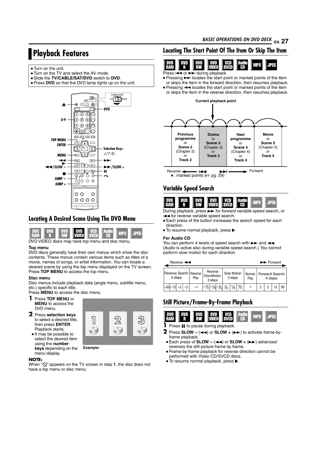 JVC LPT1029-001A manual Playback Features, Variable Speed Search, Still Picture/Frame-By-FramePlayback 