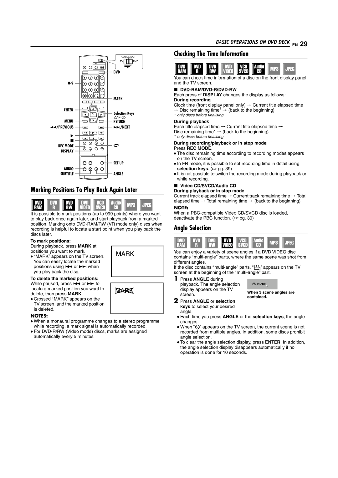 JVC LPT1029-001A manual Marking Positions To Play Back Again Later, Checking The Time Information, Angle Selection 