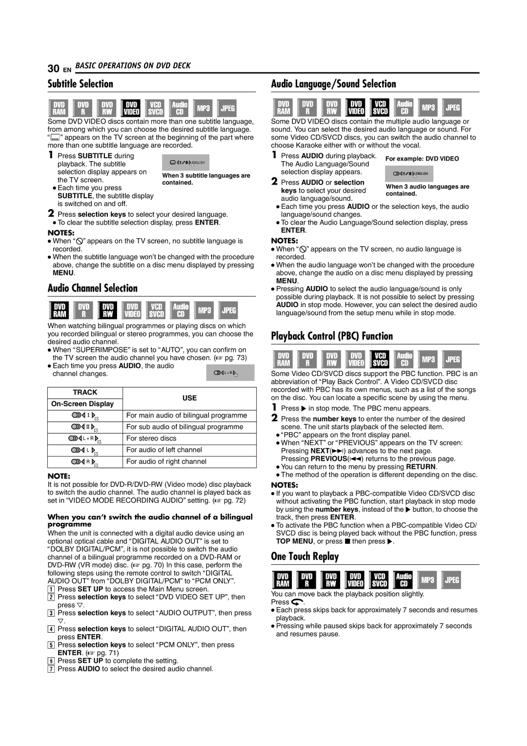 JVC LPT1029-001A Subtitle Selection Audio Language/Sound Selection, Audio Channel Selection, Playback Control PBC Function 