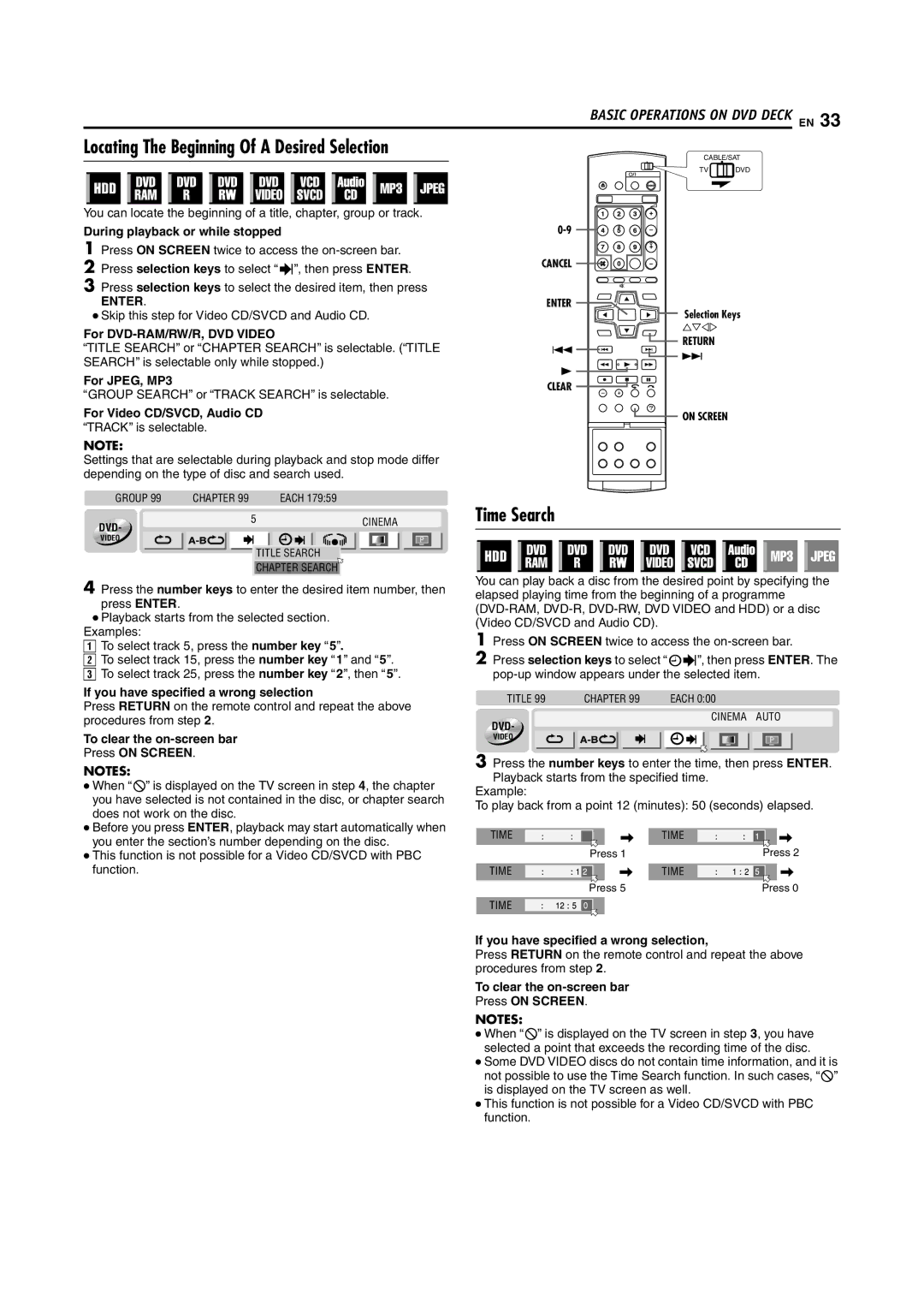 JVC LPT1029-001A manual Locating The Beginning Of a Desired Selection, Time Search 