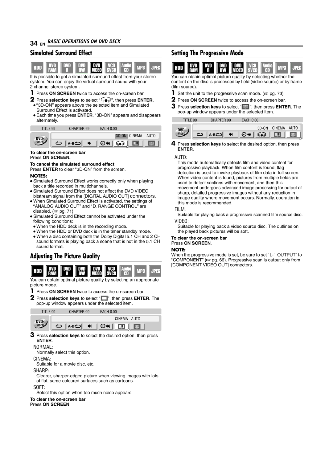 JVC LPT1029-001A manual Simulated Surround Effect Setting The Progressive Mode, Adjusting The Picture Quality 