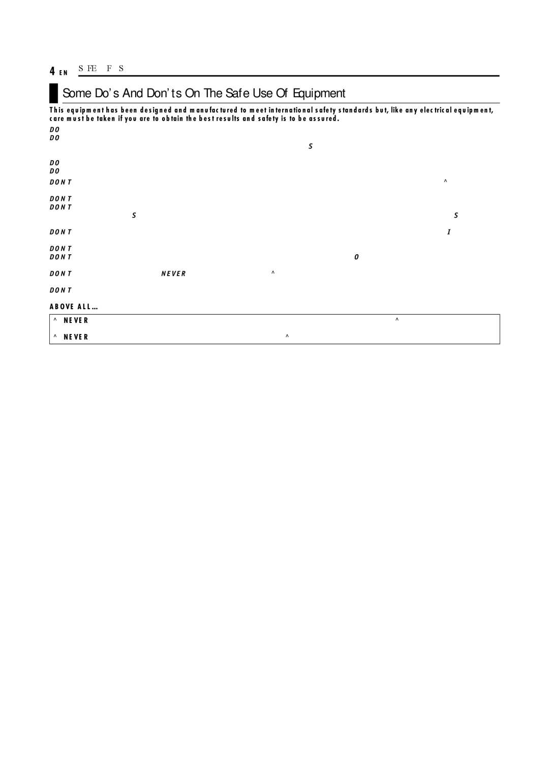 JVC LPT1029-001A manual Some Do’s And Don’ts On The Safe Use Of Equipment, Above ALL 