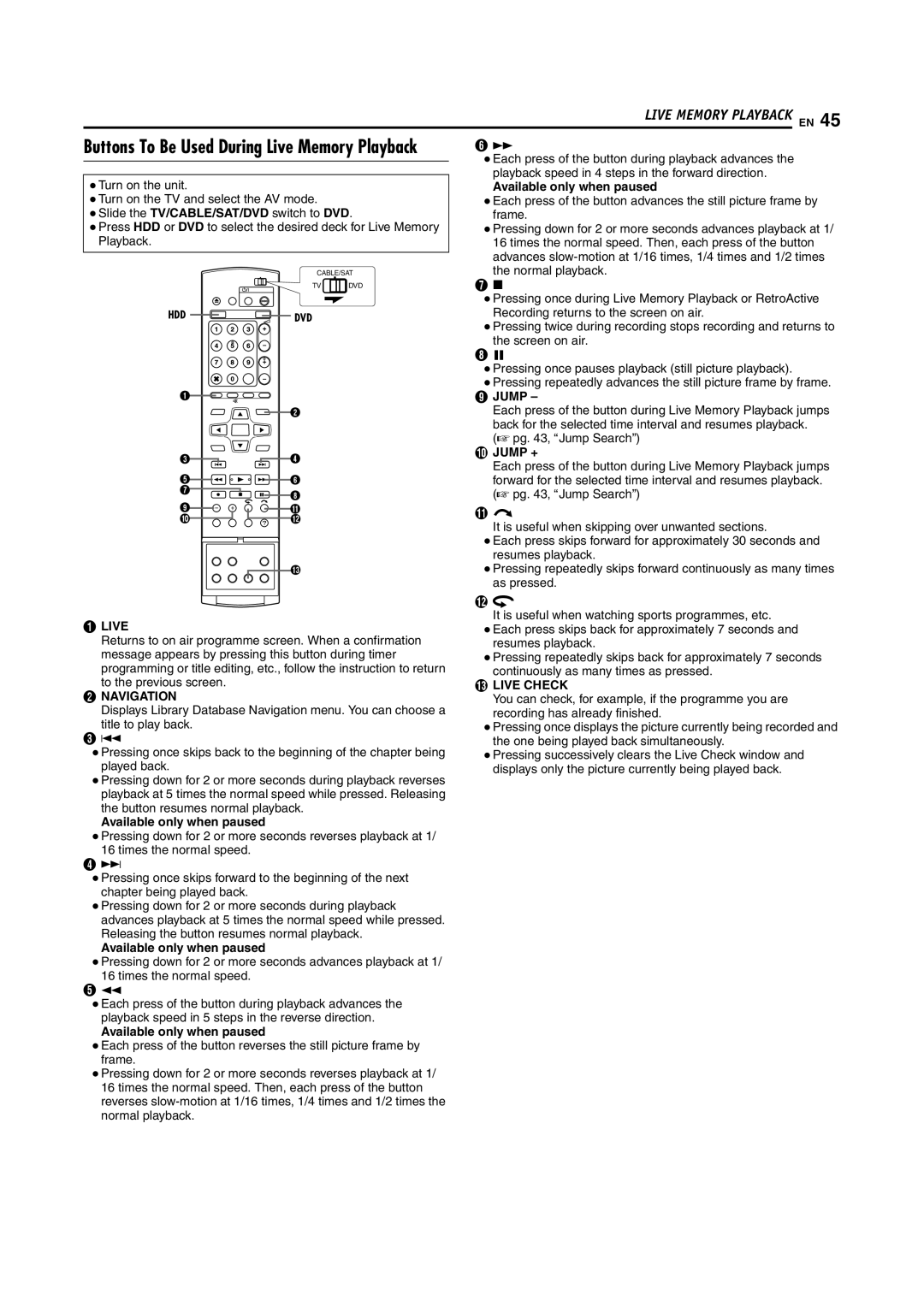 JVC LPT1029-001A manual Available only when paused, Jump +, Live Check 