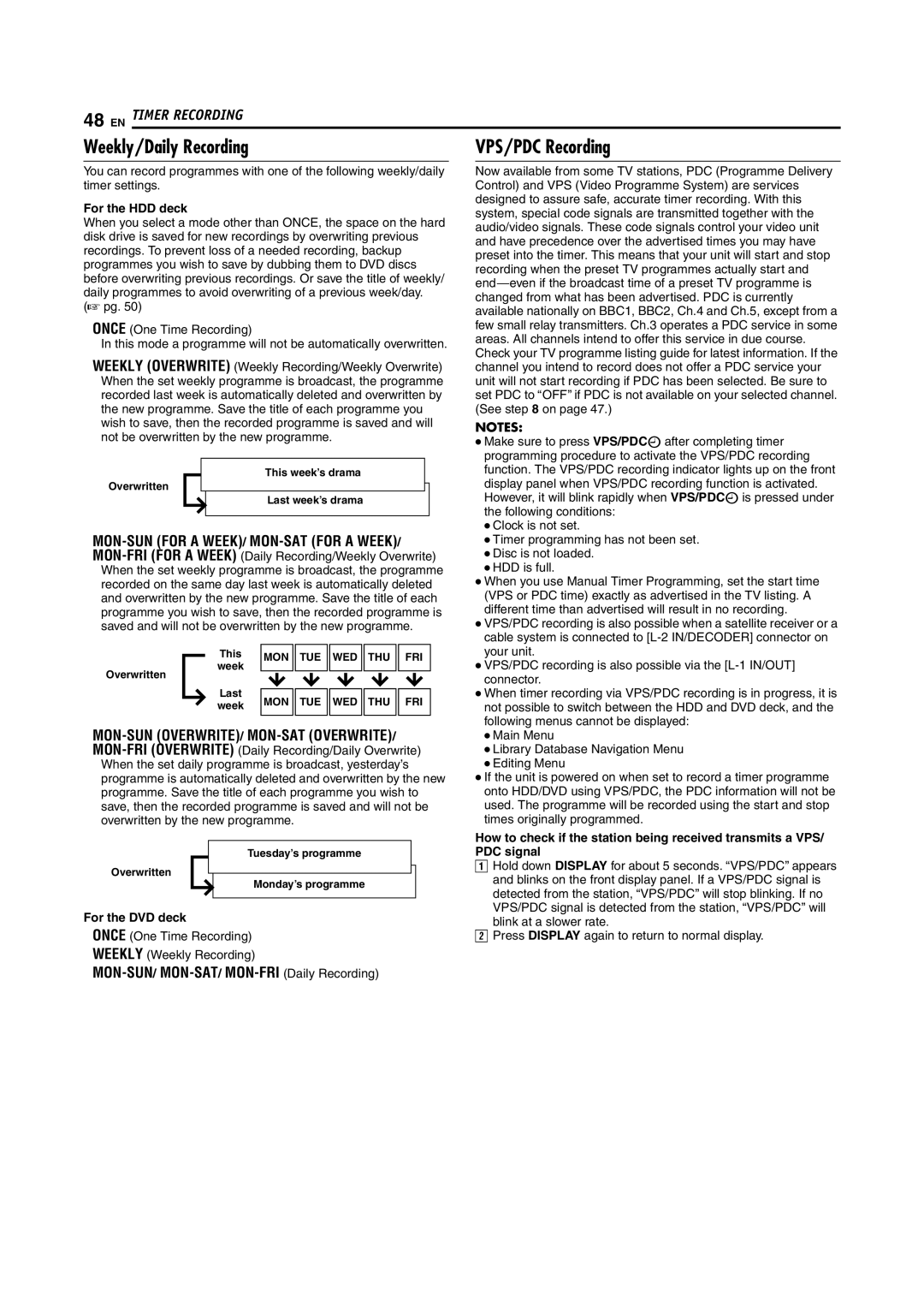 JVC LPT1029-001A manual Weekly/Daily Recording, VPS/PDC Recording, For the HDD deck, For the DVD deck 