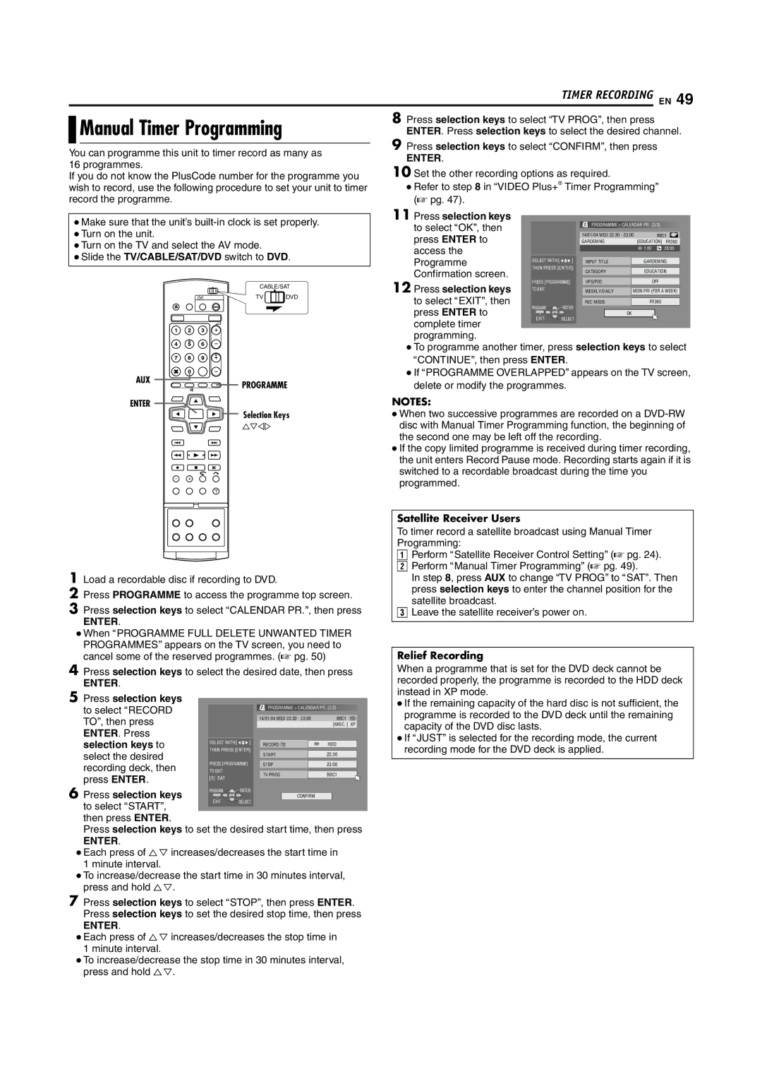 JVC LPT1029-001A manual Manual Timer Programming, Satellite Receiver Users, Relief Recording 