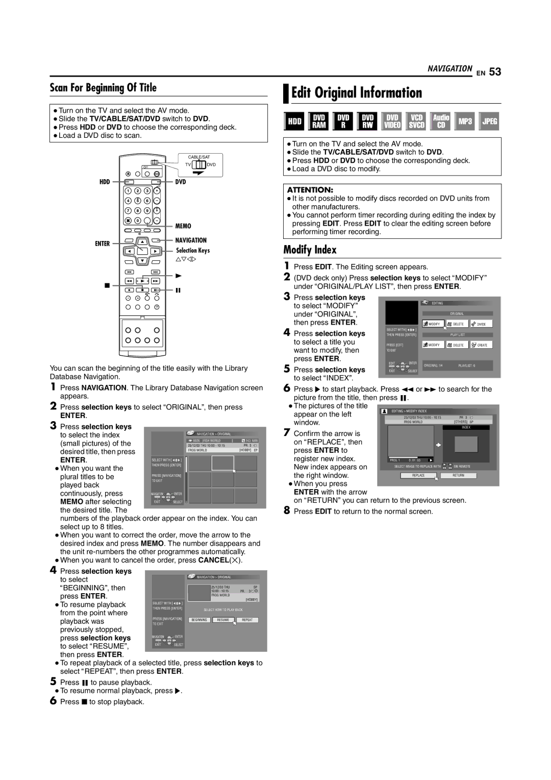 JVC LPT1029-001A manual Edit Original Information, Scan For Beginning Of Title, Modify Index 