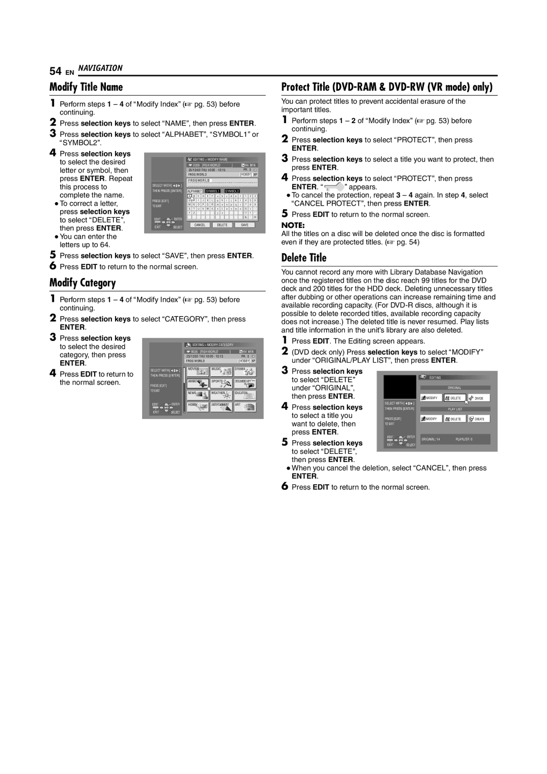 JVC LPT1029-001A manual Modify Title Name, Modify Category, Delete Title, ENTER. a 