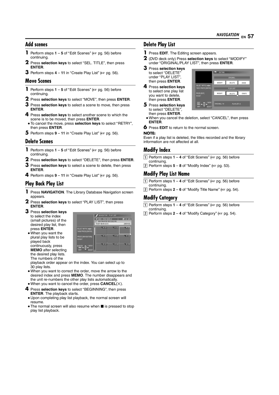 JVC LPT1029-001A Add scenes, Delete Play List, Move Scenes, Delete Scenes, Play Back Play List, Modify Play List Name 