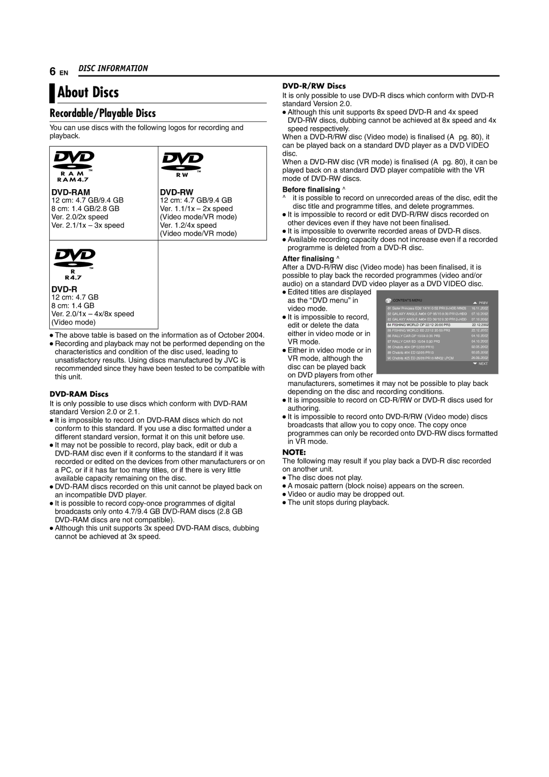 JVC LPT1029-001A manual About Discs, Recordable/Playable Discs, DVD-RAM Discs, DVD-R/RW Discs 