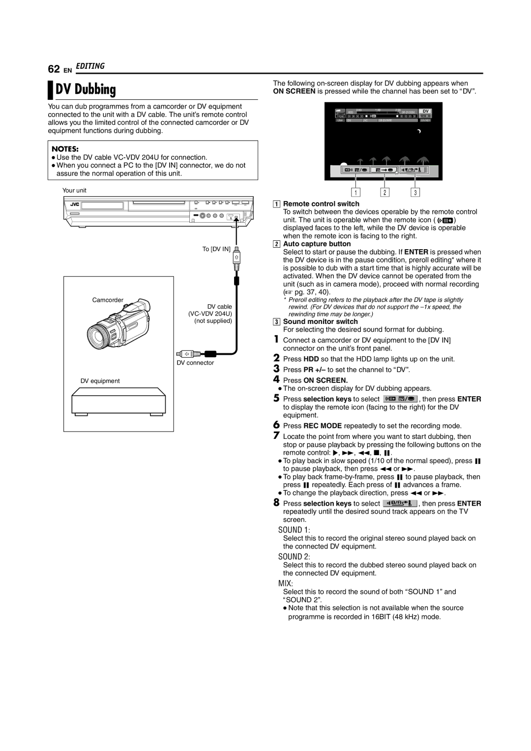 JVC LPT1029-001A manual DV Dubbing, Remote control switch, Auto capture button 