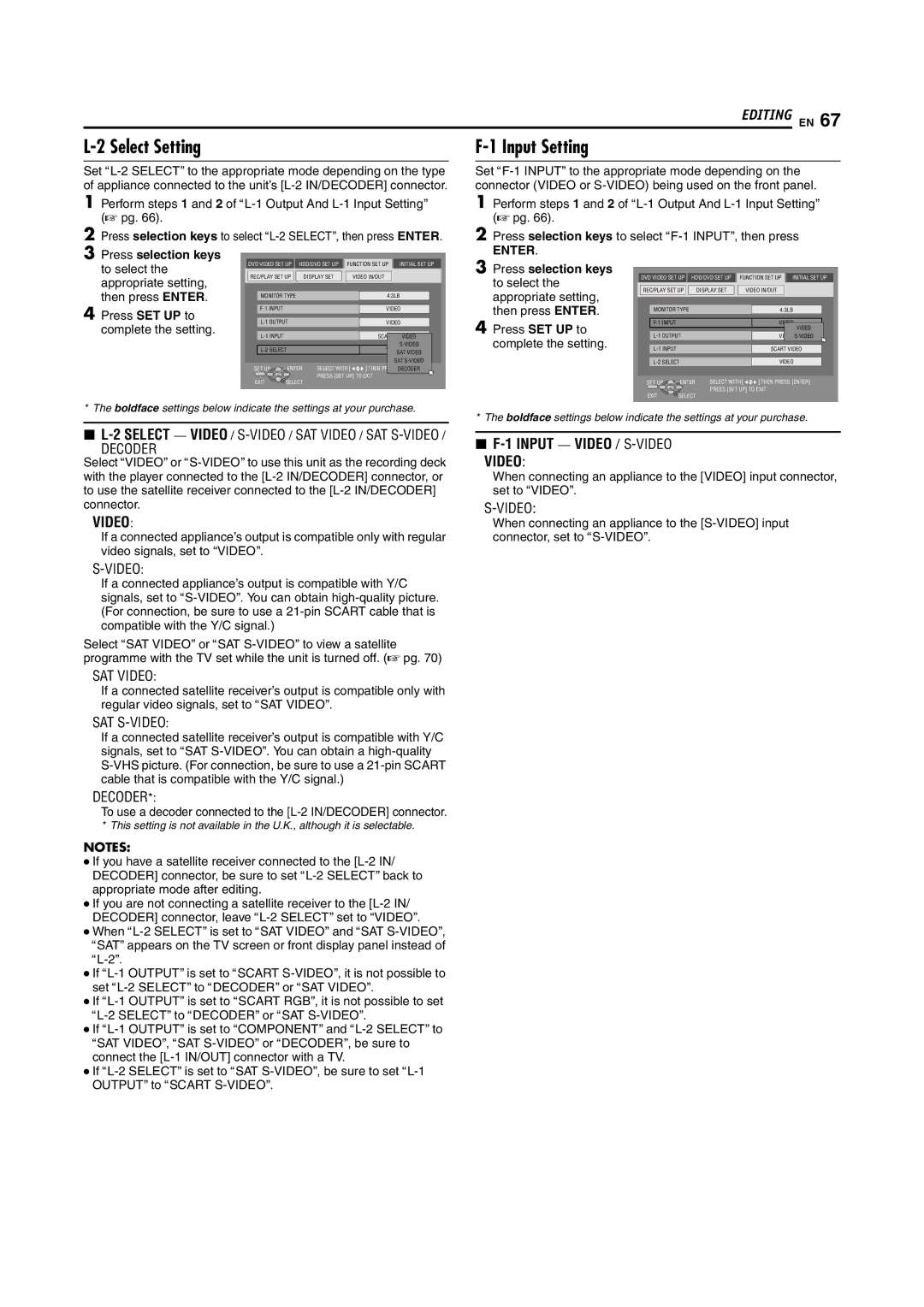 JVC LPT1029-001A manual Select Setting, Input Setting, To use a decoder connected to the L-2 IN/DECODER connector 