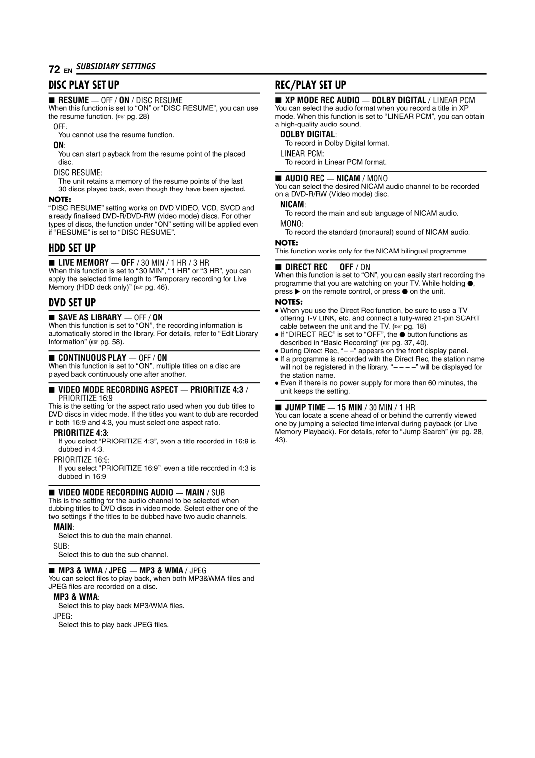 JVC LPT1029-001A You cannot use the resume function, To record in Linear PCM format, Select this to dub the main channel 