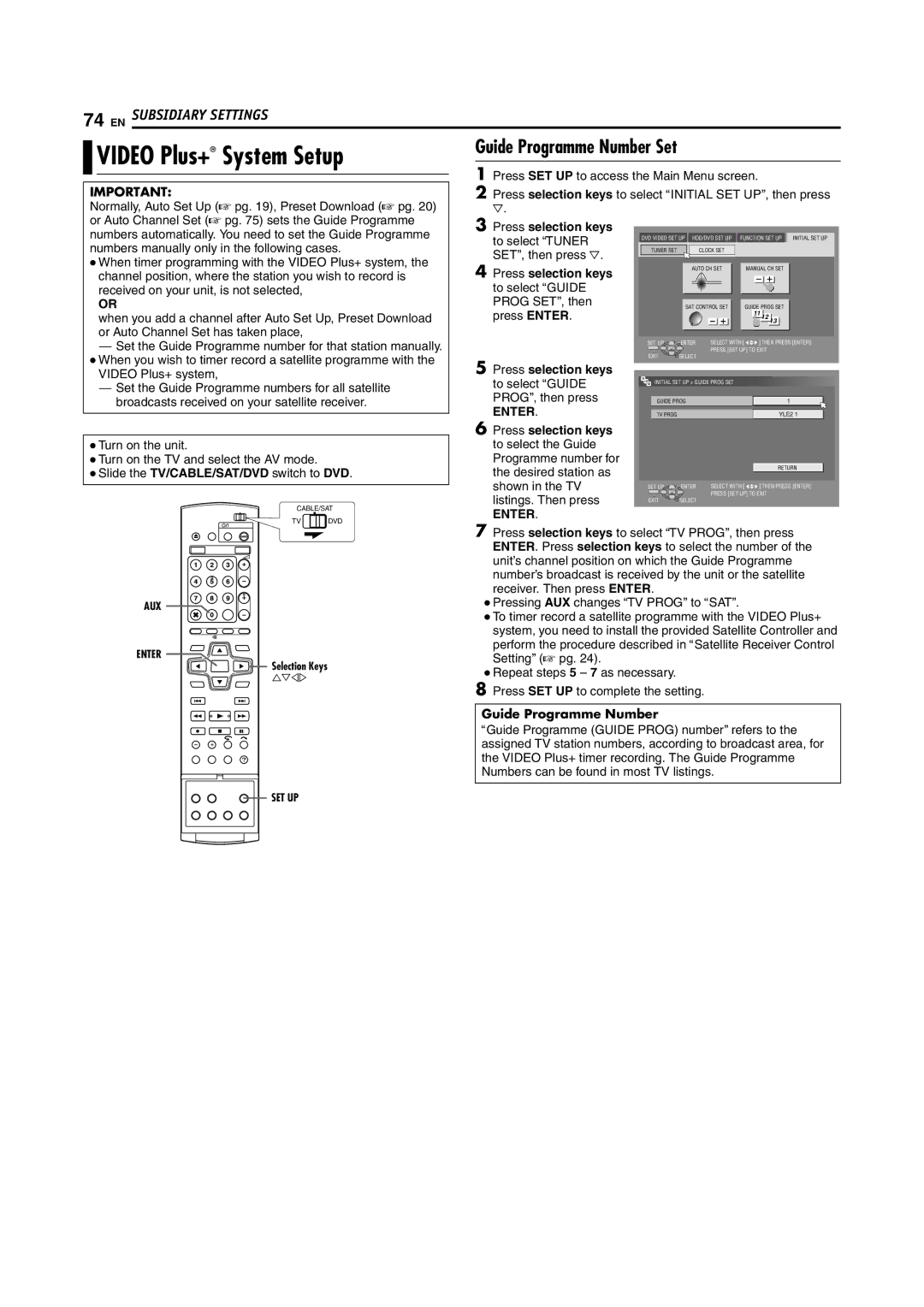 JVC LPT1029-001A manual System Setup, Guide Programme Number Set 