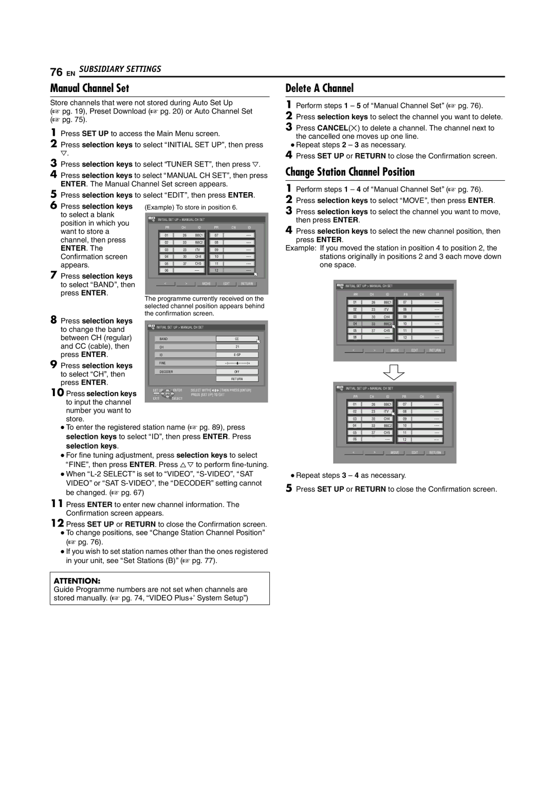 JVC LPT1029-001A manual Manual Channel Set, Change Station Channel Position, Delete a Channel, Enter 