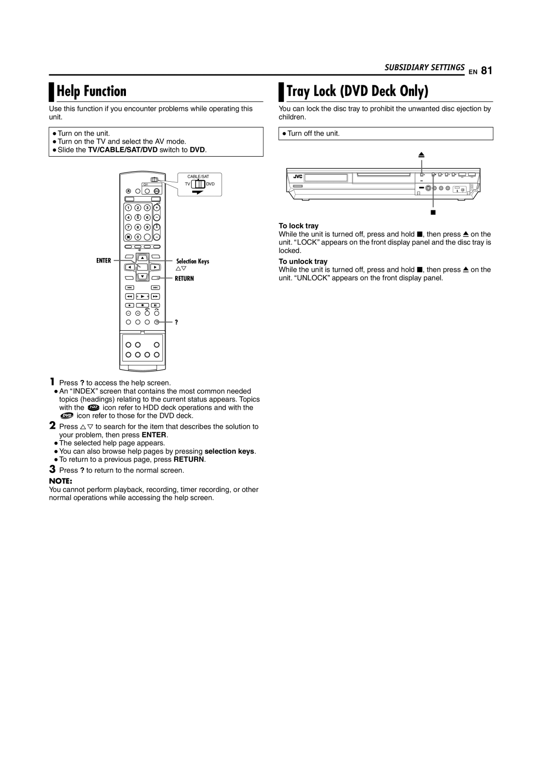 JVC LPT1029-001A manual Help Function, Tray Lock DVD Deck Only, To lock tray, To unlock tray 