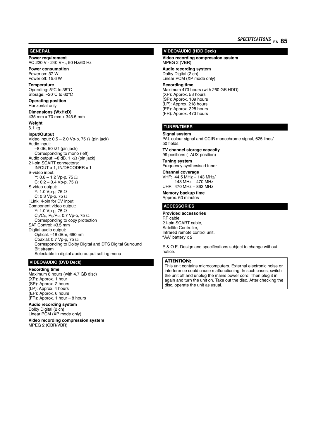 JVC LPT1029-001A Power requirement, Power consumption, Temperature, Operating position, Dimensions WxHxD, Recording time 